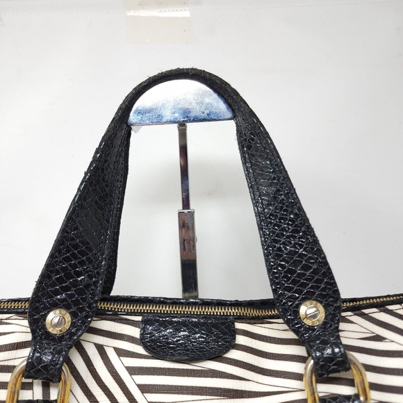 Henri Bendel Laptop Bag Disturbed Stripe Brown Black Canvas Leather Briefcase - Picture 11 of 16